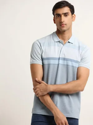 WES Casuals Light Blue Colour Blocked Cotton Blend Slim Fit Polo T-Shirt