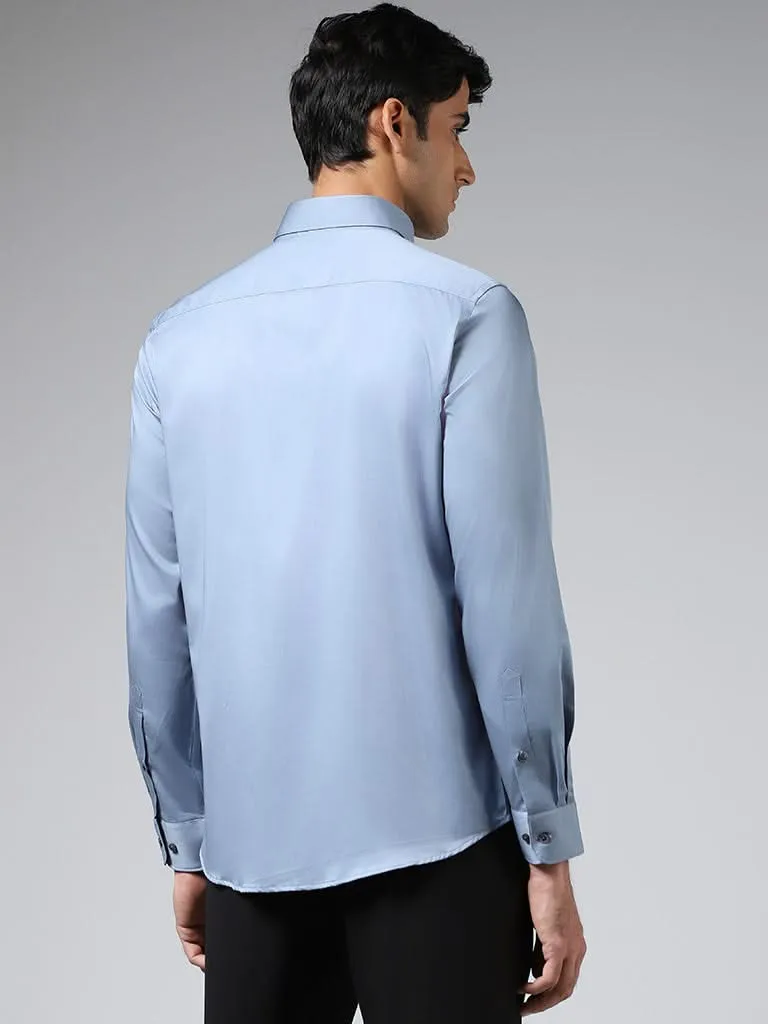 WES Formals Solid Light Blue Cotton Blend Slim-Fit Shirt