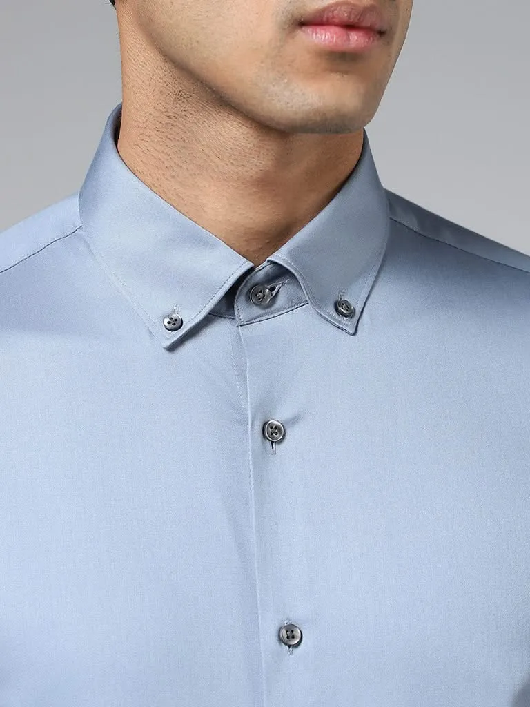 WES Formals Solid Light Blue Cotton Blend Slim-Fit Shirt