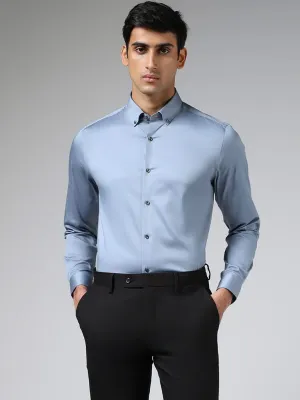 WES Formals Solid Light Blue Cotton Blend Slim-Fit Shirt