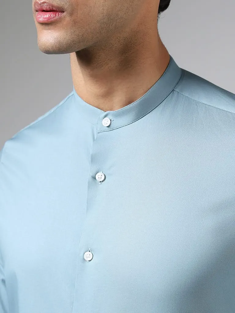 WES Formals Solid Light Blue Cotton Blend Ultra-Slim Fit Shirt