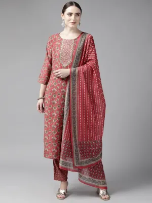 Women Red Silk Blend Kurta Set With Dupatta