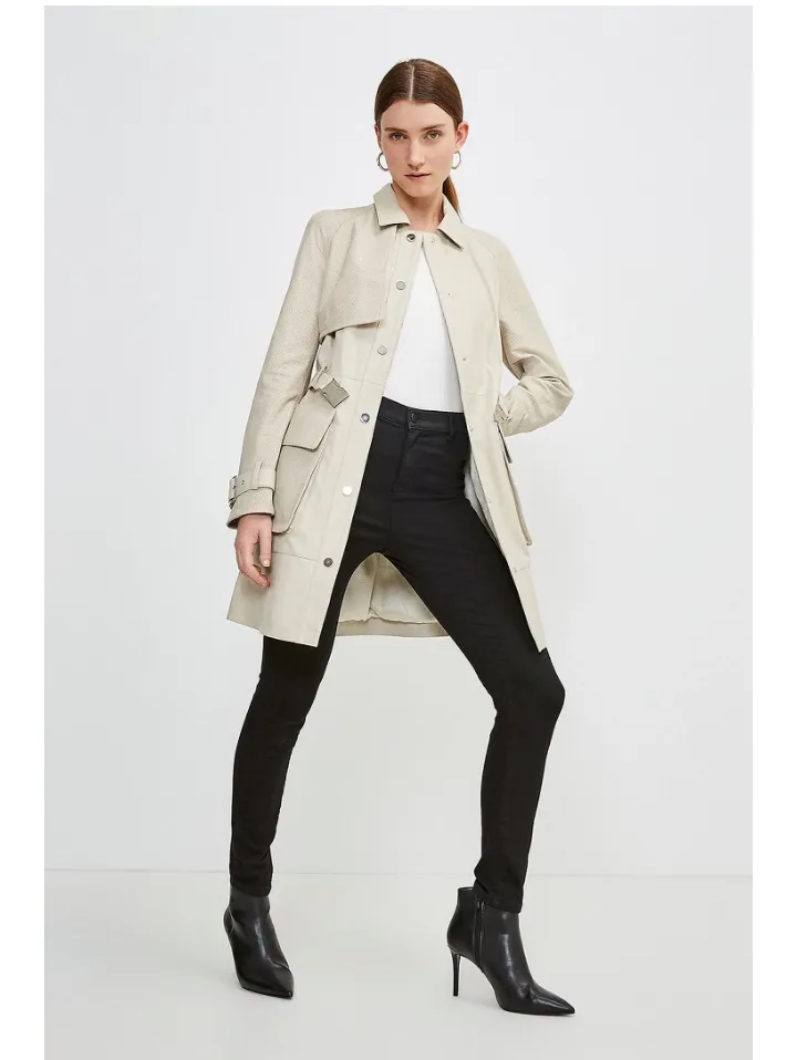 Women’s Beige Sheepskin Leather Perforated Trucker Coat