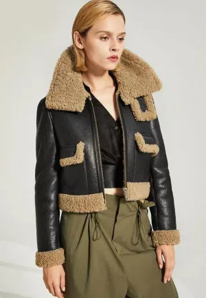 Women's Black Leather Shearling Jacket with Brown Collar