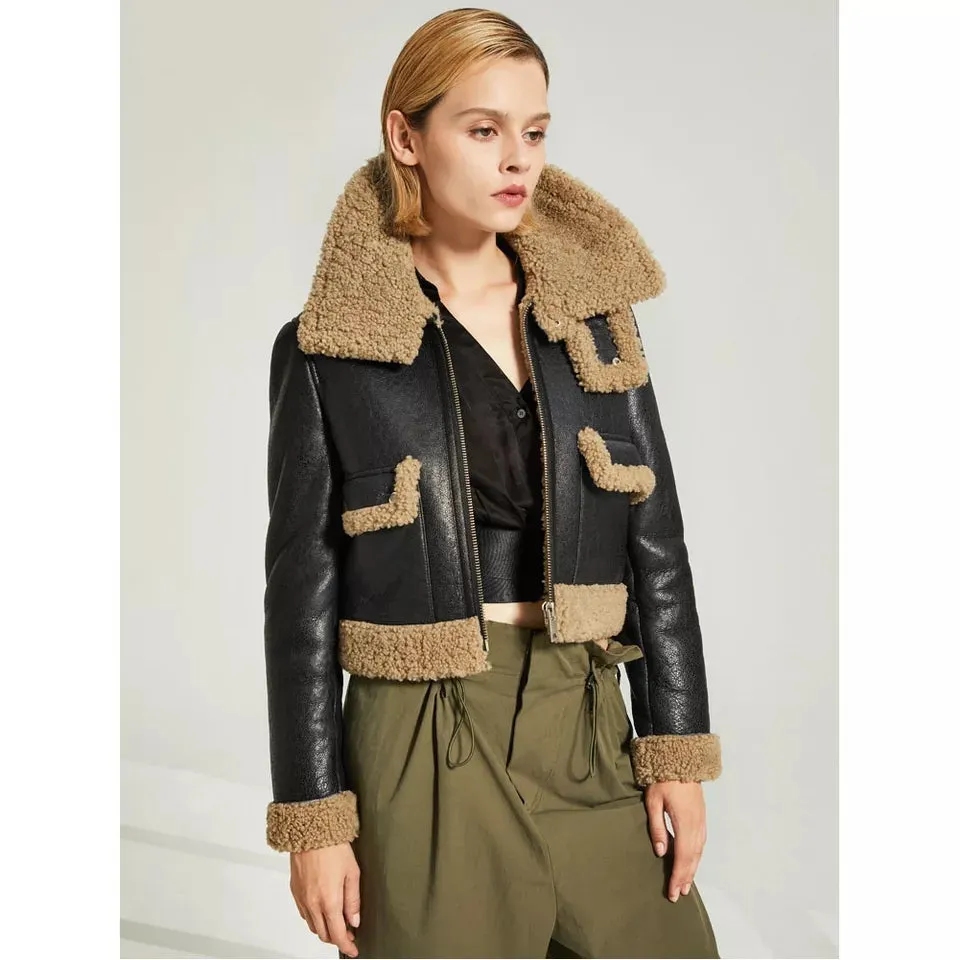 Women's Black Leather Shearling Jacket with Brown Collar