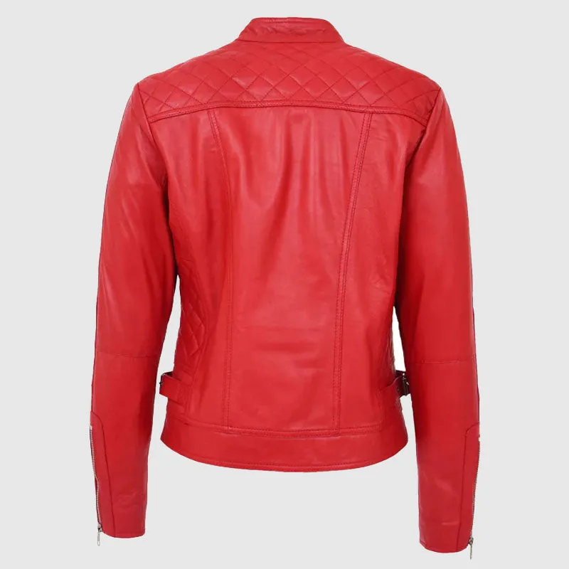 Womens Soft Leather Casual Zip Biker Jacket Ruby Red