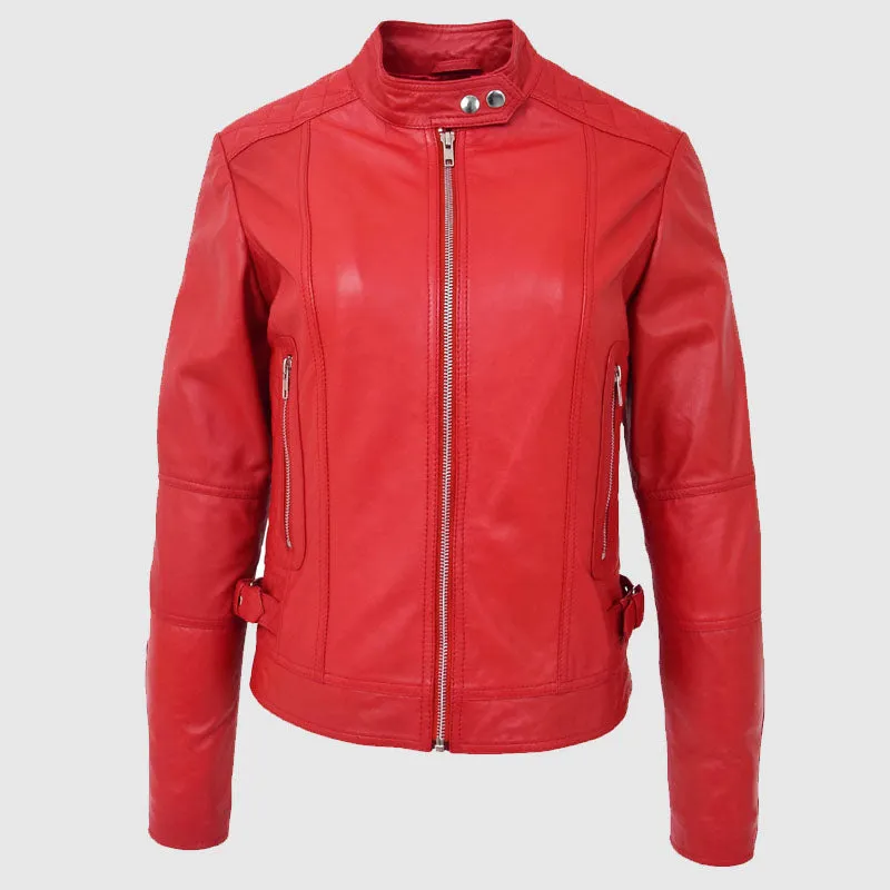 Womens Soft Leather Casual Zip Biker Jacket Ruby Red